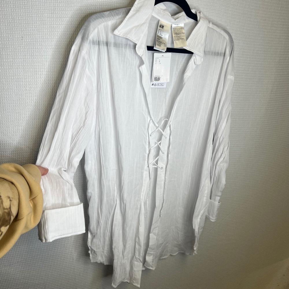 HM White Lace Up Cotton Gauze Shirt Oversized Long Sleeve Top Small NEW